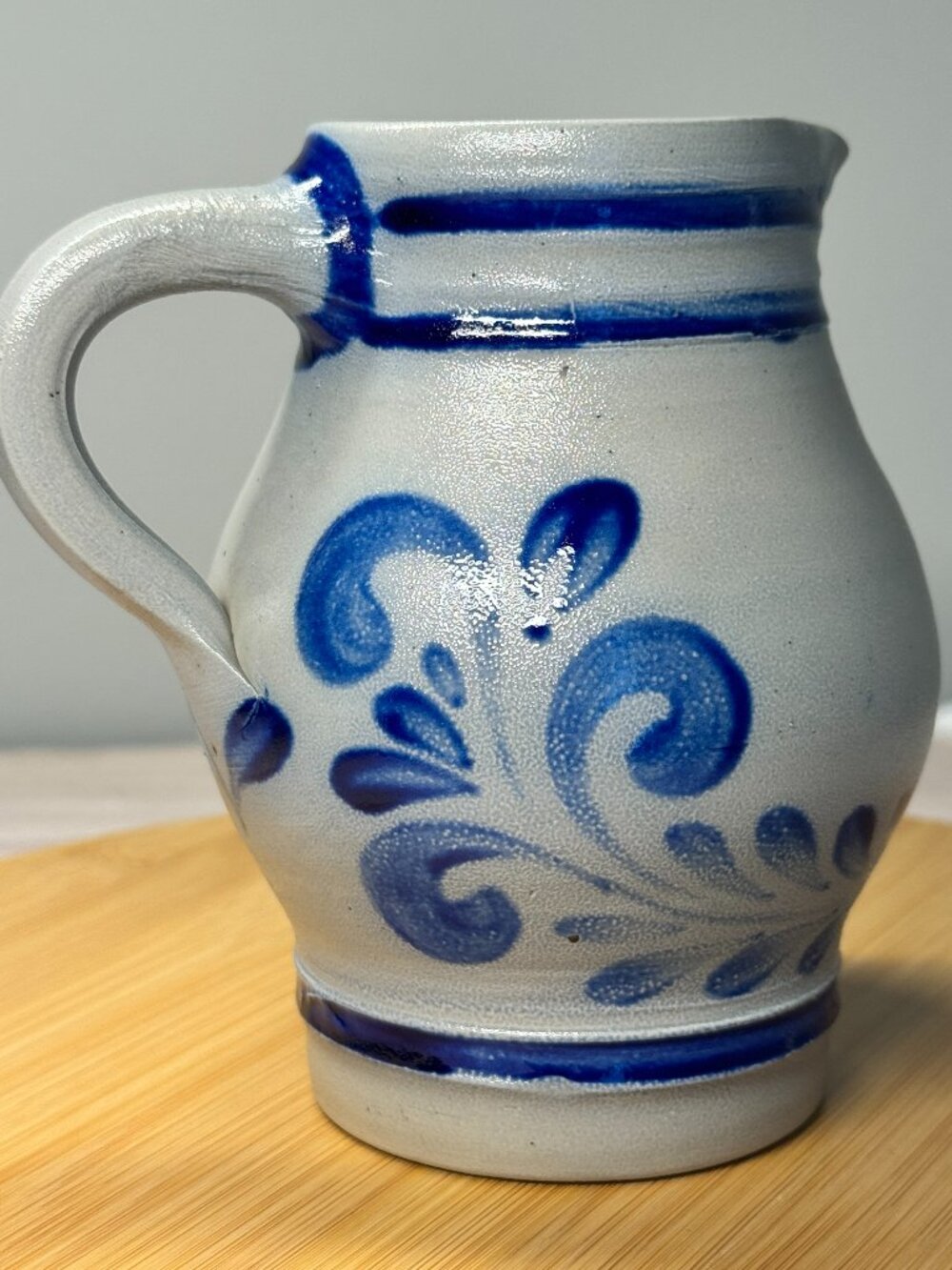 Handmade German Salt Glazed Stoneware Pottery, Pitcher, Vase 5 in. Blue & Gray